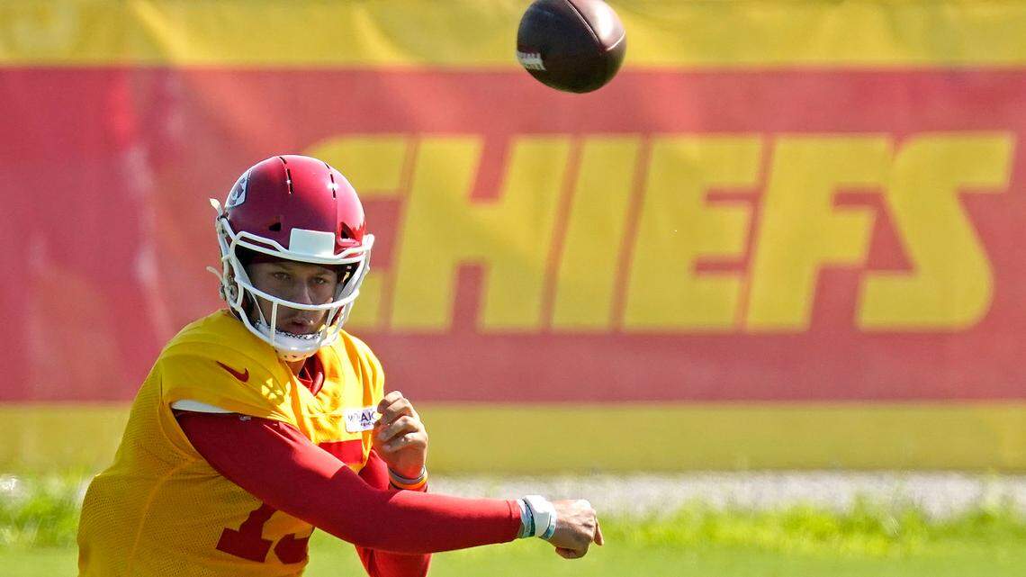 Kansas City Chiefs quarterback Patrick Mahomes passes the ball at NFL football training camp Tuesday, Aug. 17, 2021, in St. Joseph, Mo. (AP Photo/Charlie Riedel)