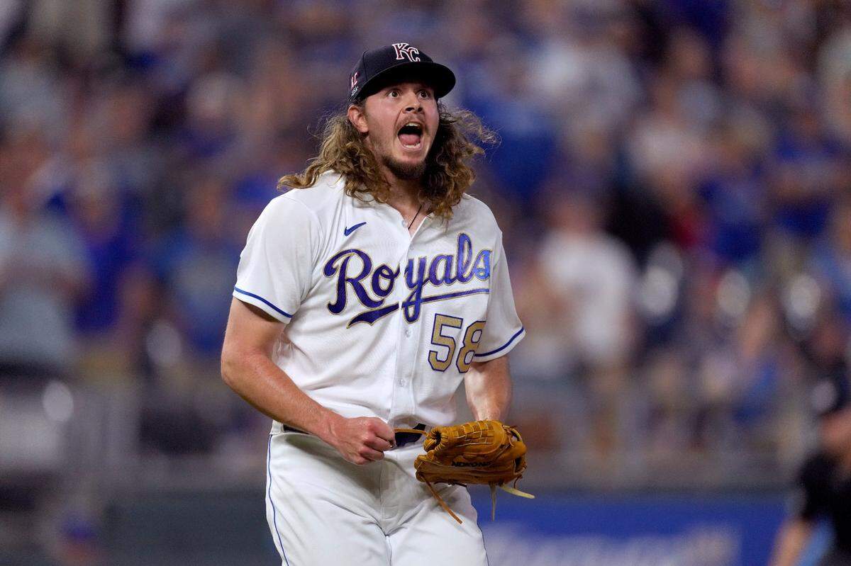 Kansas City Royals relief pitcher Scott Barlow celebrates after the Royals beat the Minnesota Twins on Friday, July 2, 2021, at Kauffman Stadium in Kansas City, Mo. The Royals won 7-4.