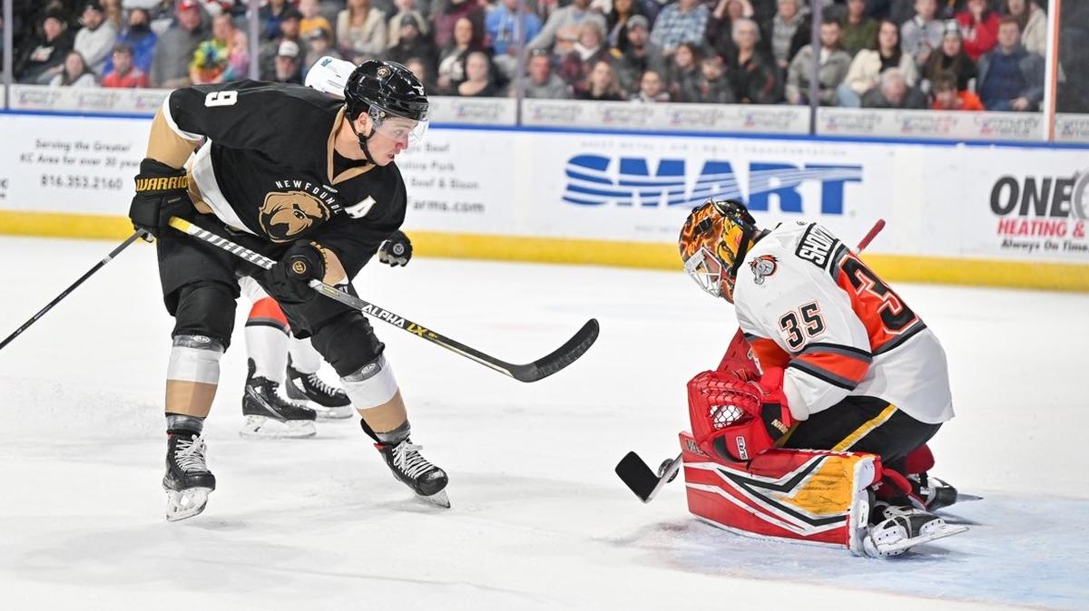 Kansas City Mavericks goalie Andrew Shortridge, right, stopped 34 of 36 shots during Saturday night’s 4-2 home win against the Newfoundland Growlers at Cable Dahmer Arena in Independence.