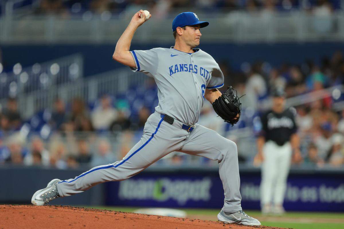 Kansas City Royals starting pitcher Seth Lugo delivers against the Marlins during the first inning of a Major League Baseball game at LoanDepot Park in Miami on Friday, July 18, 2025.