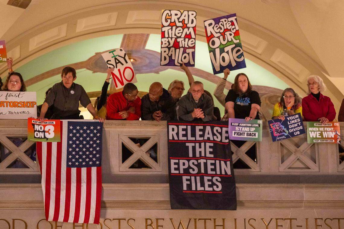Protesters listen to speakers in the Missouri State Capitol rotunda on Wednesday, January 21, 2026 in Jefferson City. Organizations and allies gathered to protest recent Missouri lawmaker's decisions.
