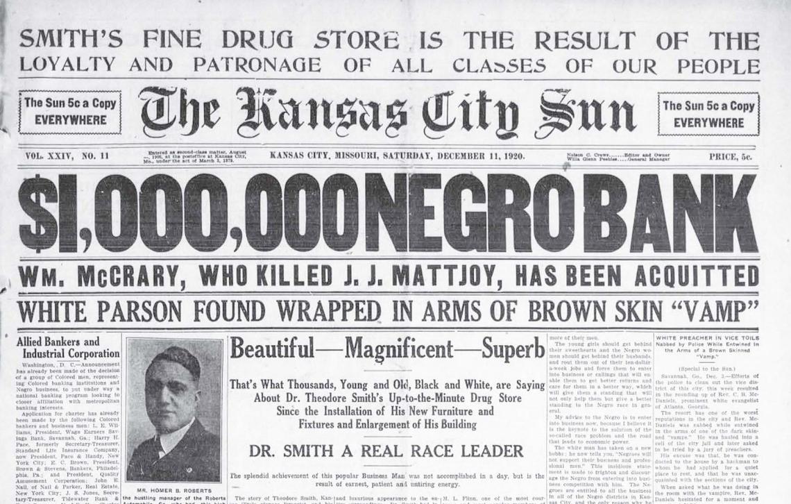The Black-owned Kansas City Sun was known for sensational headlines and thorough coverage of the Black community, including this banner story about businessman Homer B. Roberts’ financial success in 1920. The Star barely noticed.