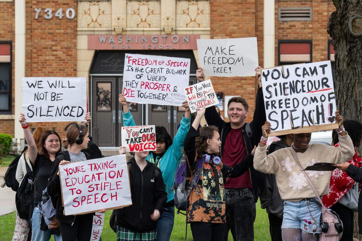 Washington High School students stage a walkout, protesting the recent Kansas legislation fining school districts for student activism, on Tuesday, May 5, 2026, in Kansas City.