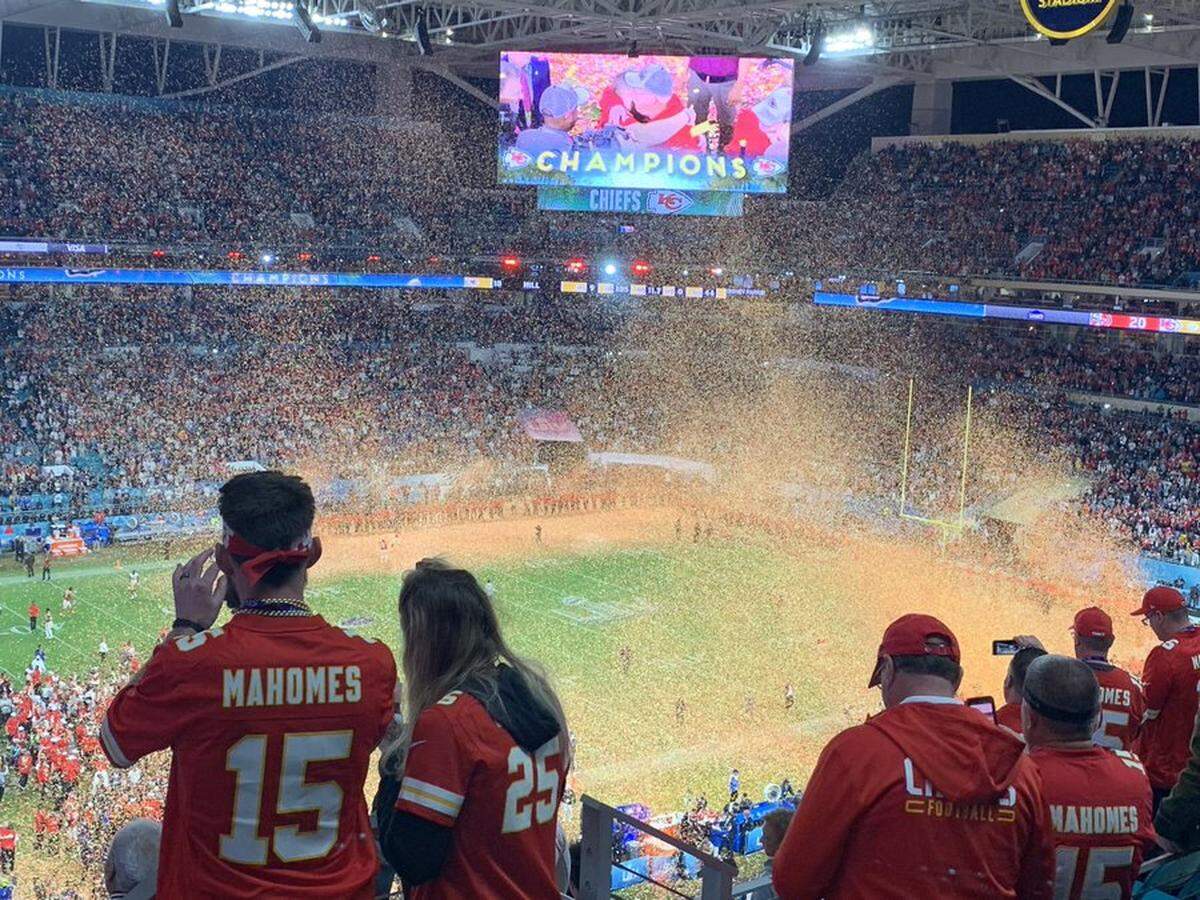 Kansas City Chiefs fans watch from the stands of Hard Rock Stadium in Miami Gardens, Florida, as the team celebrates a Super Bowl victory Sunday. The Chiefs defeated the San Francisco 49ers in Super Bowl LIV.