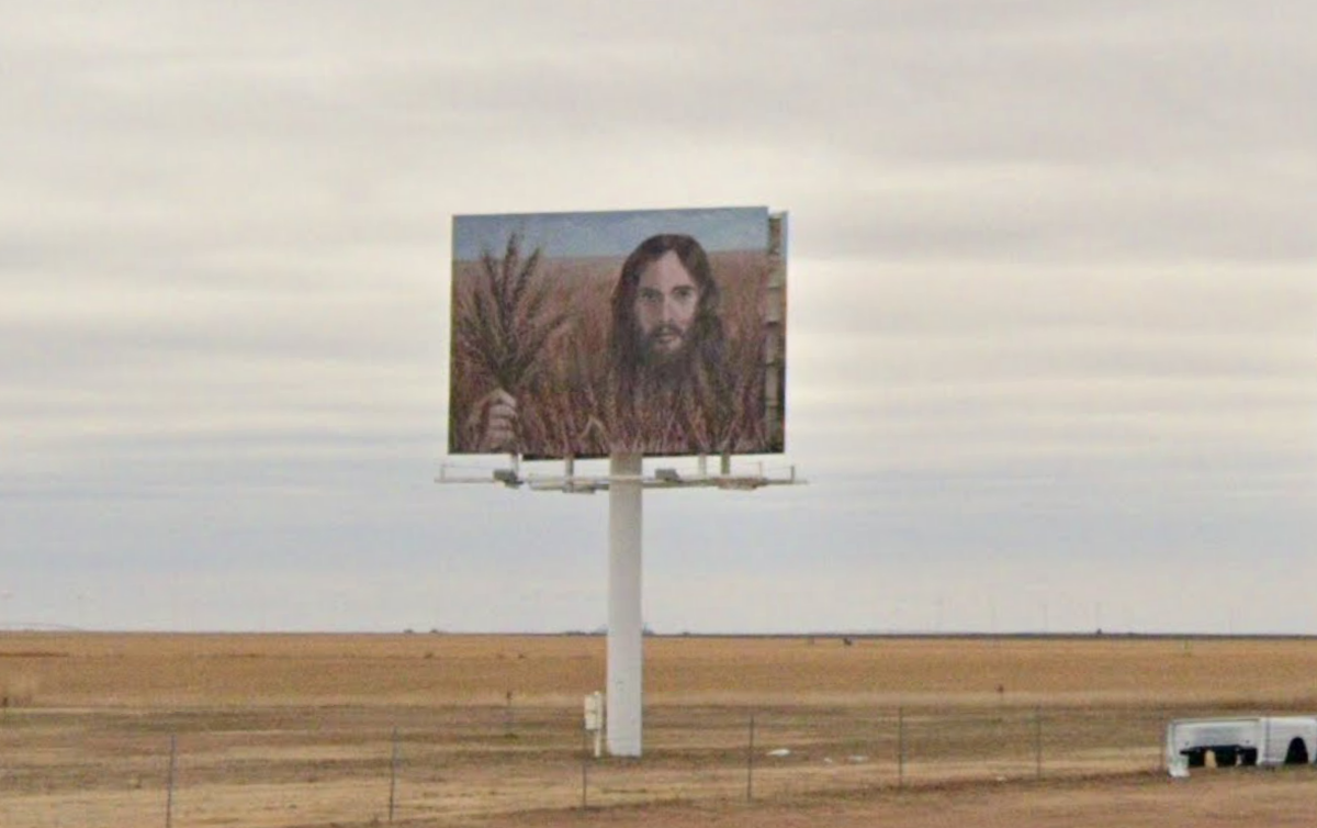 The billboard known as Wheat Jesus, a roadside attraction in Colby, Kansas, is seen in this screen capture from Google Maps.