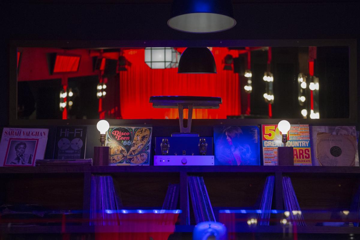 Records and record players are on display inside Nighthawk.