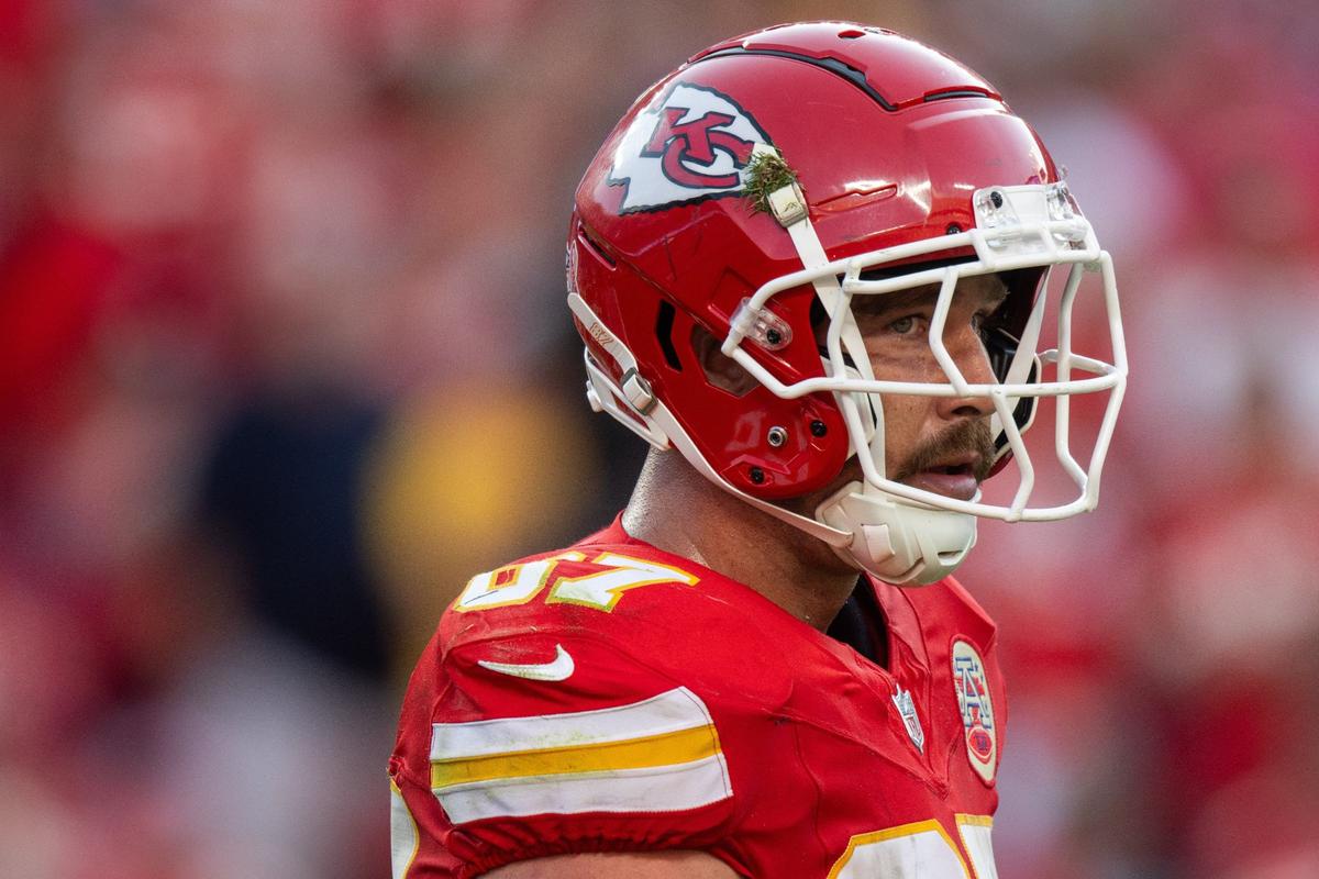 Kansas City Chiefs tight end Travis Kelce lines up for a play during the second half of the Chiefs game vs. the Cincinnati Bengals on Sunday, Sept. 15, 2024, at GEHA Field at Arrowhead Stadium.
