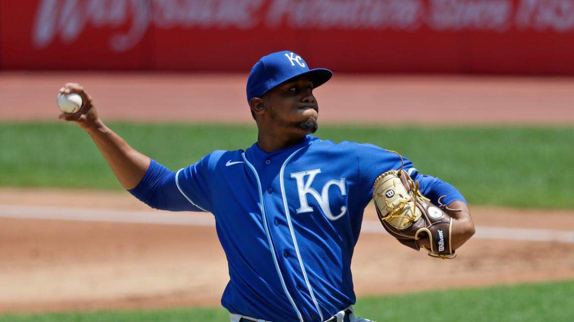Kansas City Royals starting pitcher Ronald Bolanos delivers in the first inning in a baseball game against the Cleveland Indians, Sunday, July 26, 2020, in Cleveland. (AP Photo/Tony Dejak)