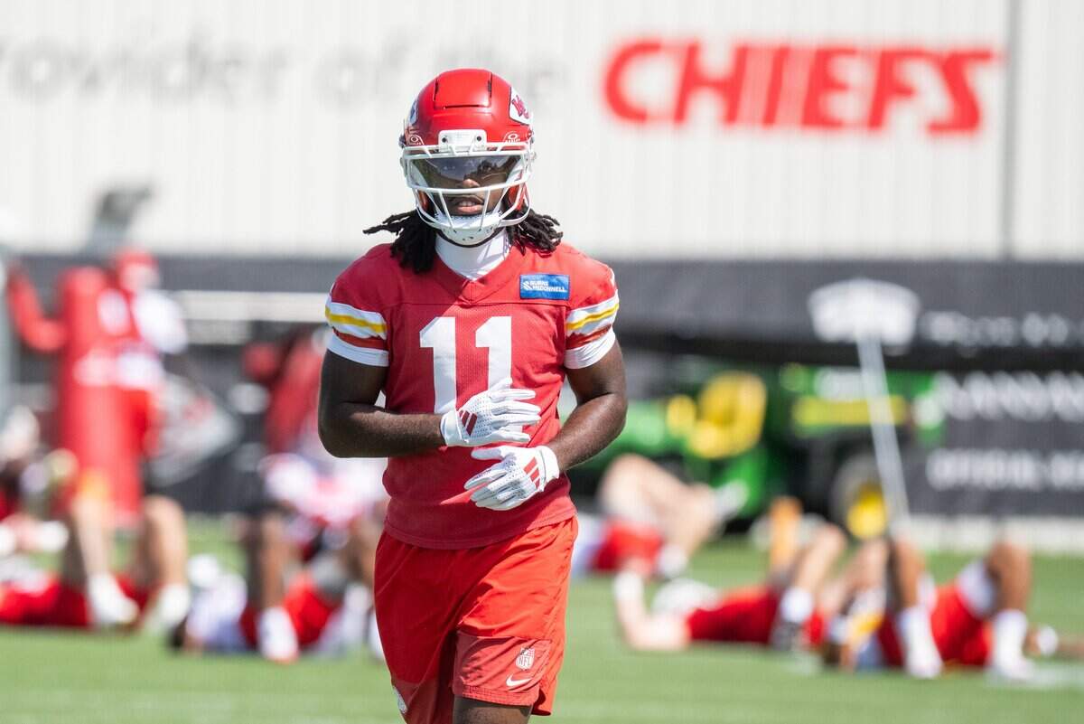 Kansas City Chiefs wide receiver Jalen Royals (11) jogs during Chiefs Minicamp on Tuesday, June 9, 2026, in Kansas City.