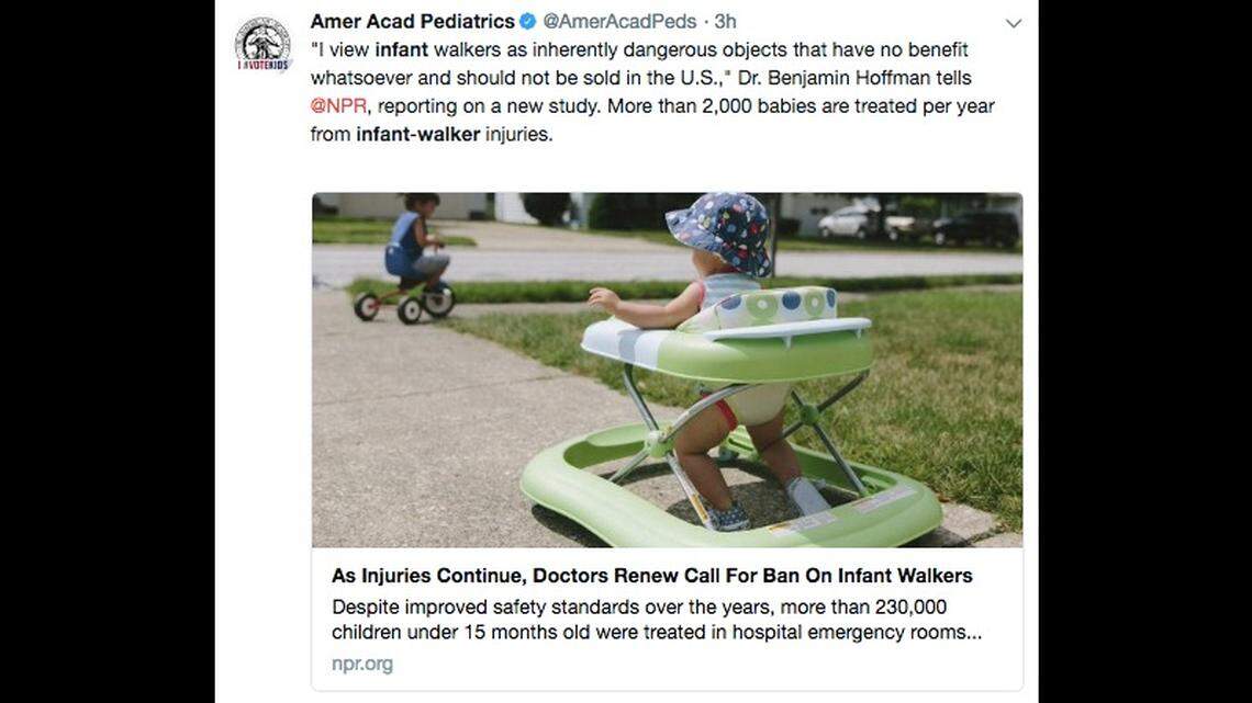 Pediatricians are again telling parents to stop using baby walkers. A new Pediatrics journal study found more than 230,000 children younger than 15 months were treated for walker-related injuries from 1990 to 2014.