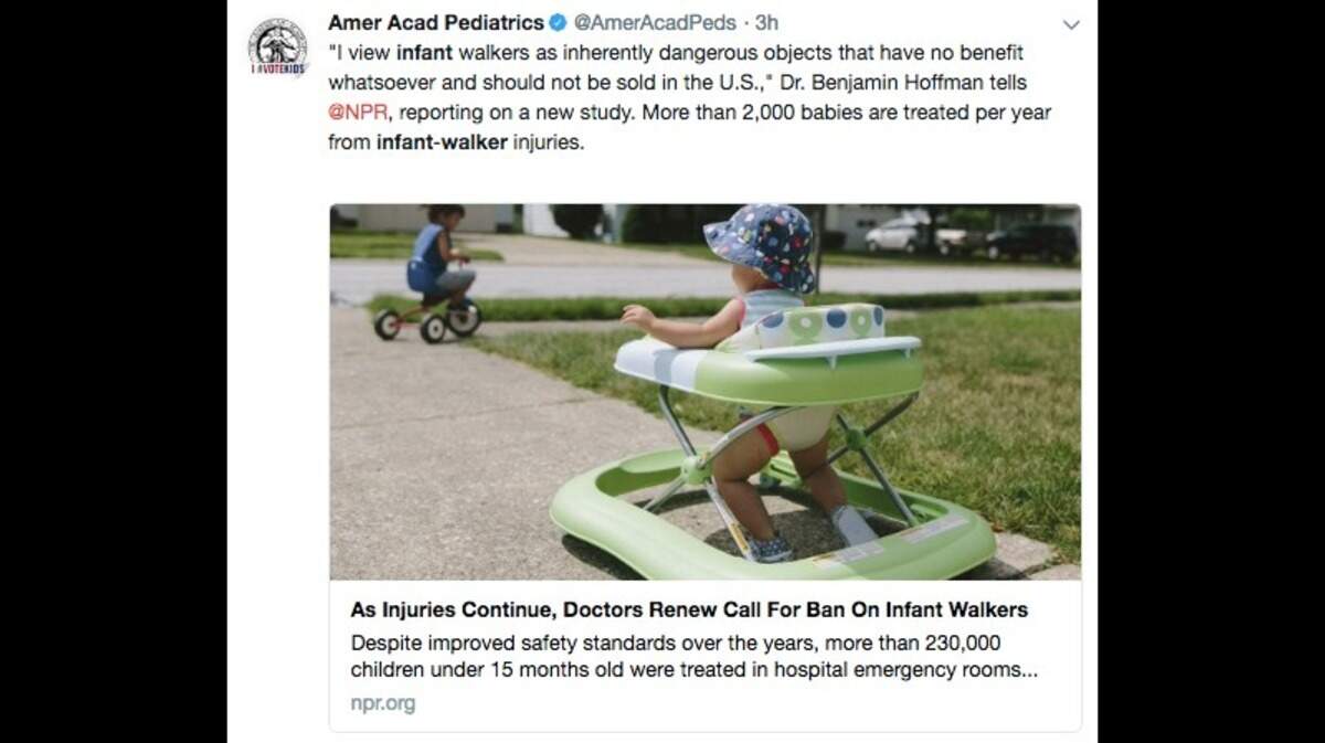 Pediatricians are again telling parents to stop using baby walkers. A new Pediatrics journal study found more than 230,000 children younger than 15 months were treated for walker-related injuries from 1990 to 2014.