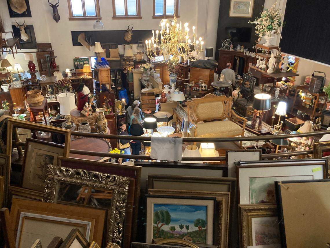 View from the second floor of the antiques amassed inside the building at 4501 Genessee St in the West Plaza.