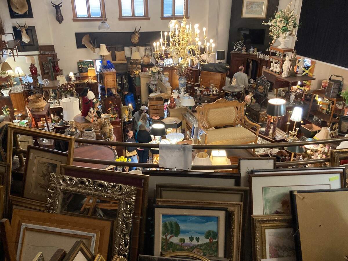 View from the second floor of the antiques amassed inside the building at 4501 Genessee St in the West Plaza.