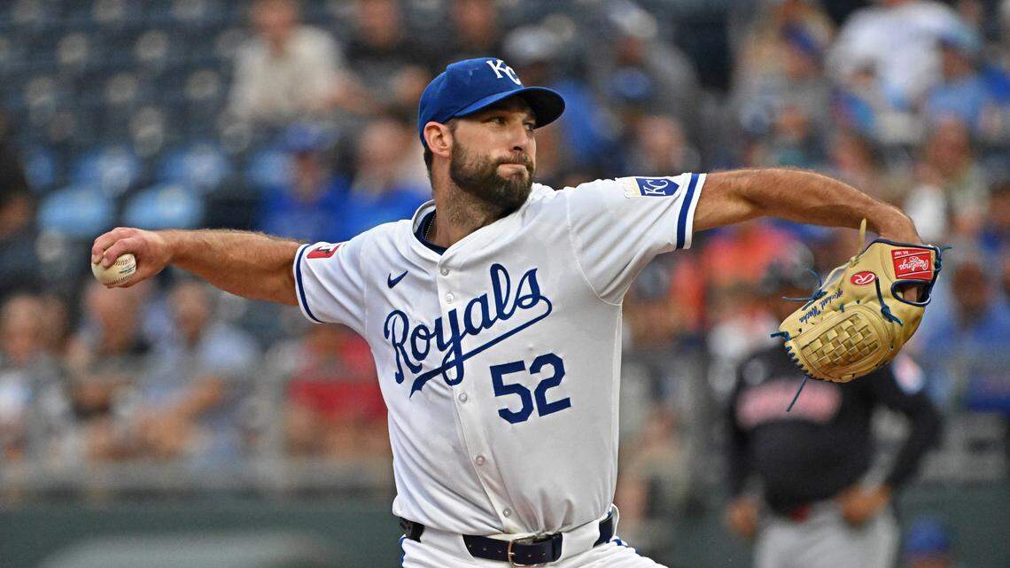 Kansas City Royals starting pitcher Michael Wacha (52) delivers a pitch in the first inning against the Cleveland Guardians at Kauffman Stadium on June 27, 2024.