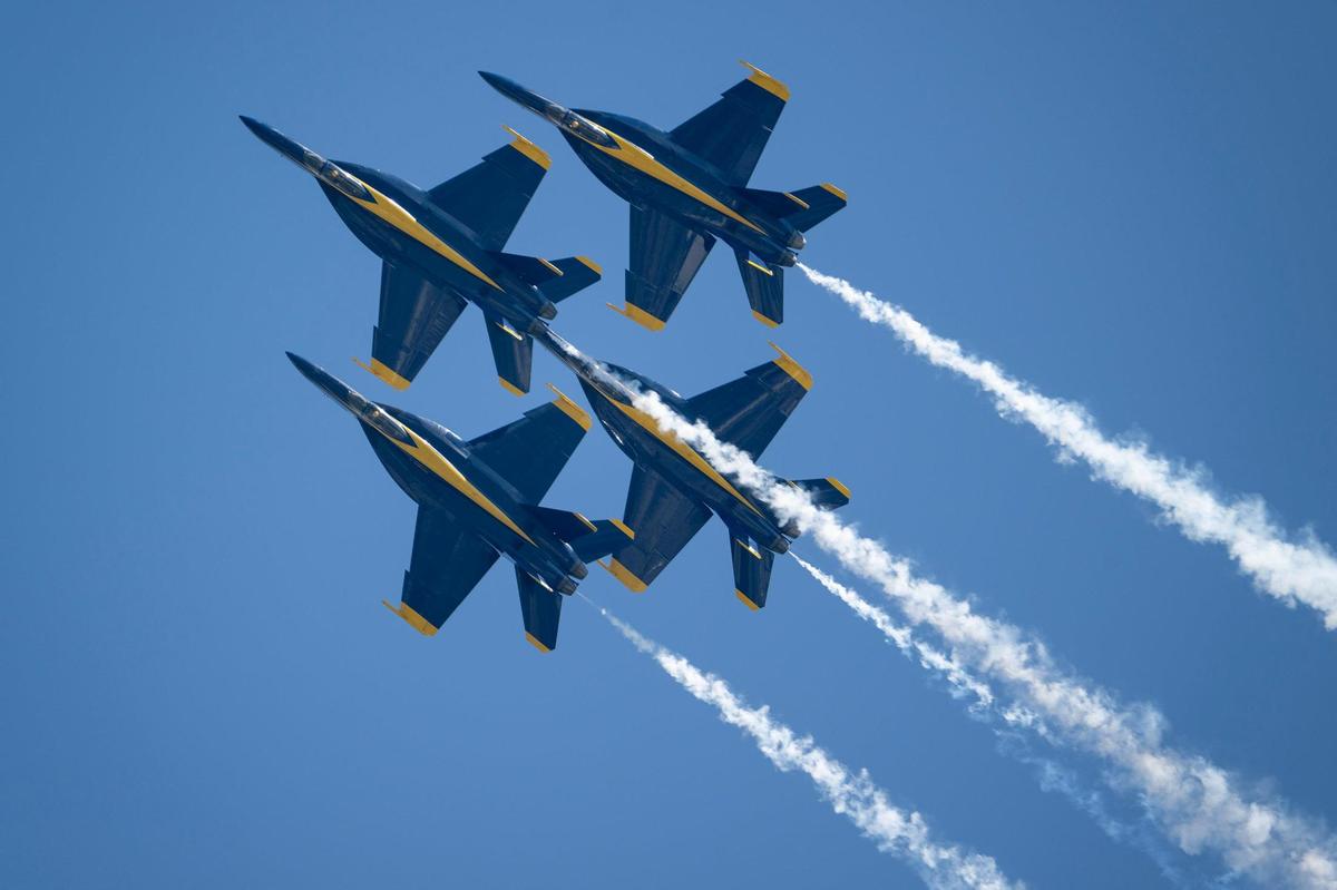 The U.S. Navy Blue Angels fly during the Garmin KC Air Show on Saturday, Aug. 19, 2023, in New Century.