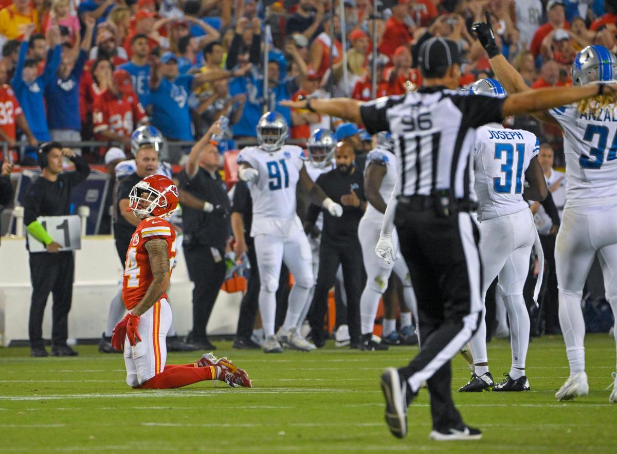 Chiefs wide receiver Skyy Moore reacts after he dropped a pass late in the fourth quarter Against the Detroit Lions on Thursday, September 7, 2023, in the NFL Kickoff opener at GEHA Field at Arrowhead Stadium in Kansas City.