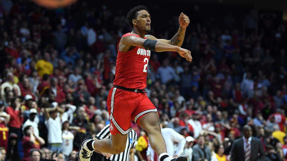 Musa Jallow #2 of the Ohio State Buckeyes celebrates after defeating the Iowa State Cyclones in the first round game of the 2019 NCAA Men’s Basketball Tournament at BOK Center on March 22, 2019 in Tulsa, Oklahoma.