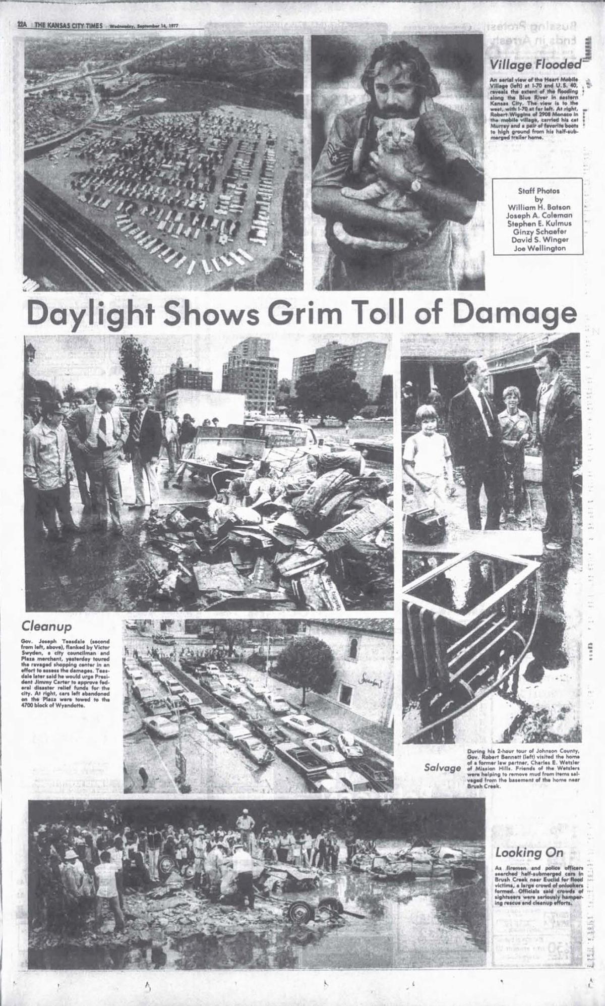 Very few minorities were shown in The Star and Times’ photo coverage of the flood. The caption on one photo in The Times on Sept. 14, 1977, was dismissive: “As firemen and police officers searched half-submerged cars in Brush Creek near Euclid for flood victims, a large crowd of onlookers formed. Officials said crowds of sightseers were seriously hampering rescue and cleanup efforts.”