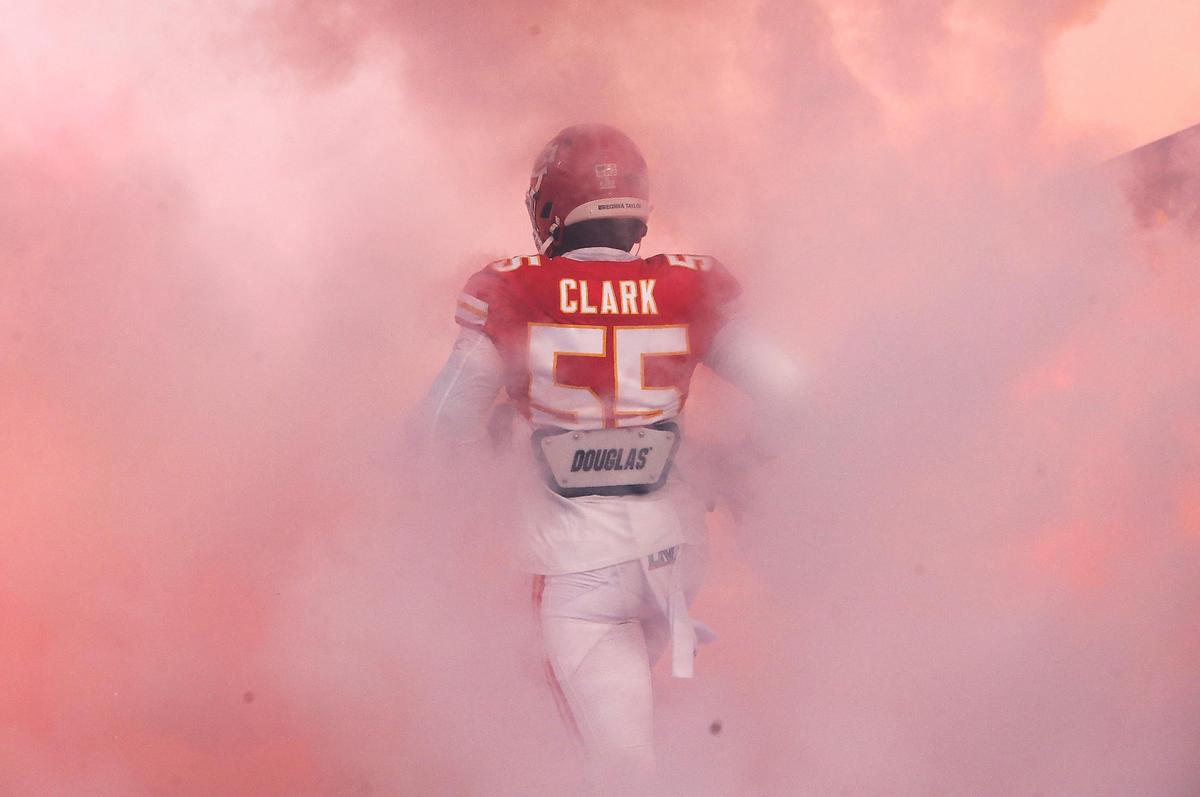 Kansas City Chiefs defensive end Frank Clark takes the field Sunday, February 7, 2021, during Super Bowl LV at Raymond James Stadium in Tampa, Florida.