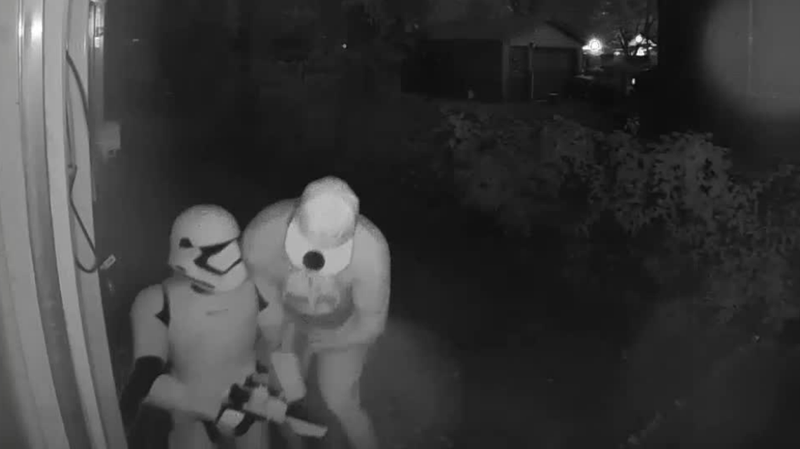 This stormtrooper figure was stolen from an Oklahoma porch, police said. Now cops are seeking the “rebel scum” seen stealing it.