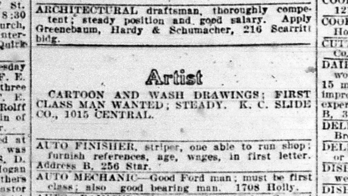 After responding to this Jan. 29, 1920, advertisement, Walt Disney was given his first paying job as an artist.