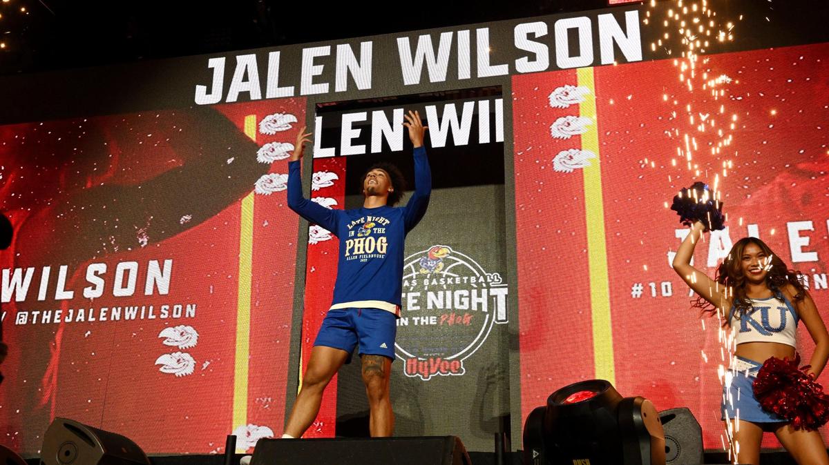 KU junior forward Jalen Wilson is introduced to the crowd during Late Night in the Phog on Friday night at Allen Fieldhouse.