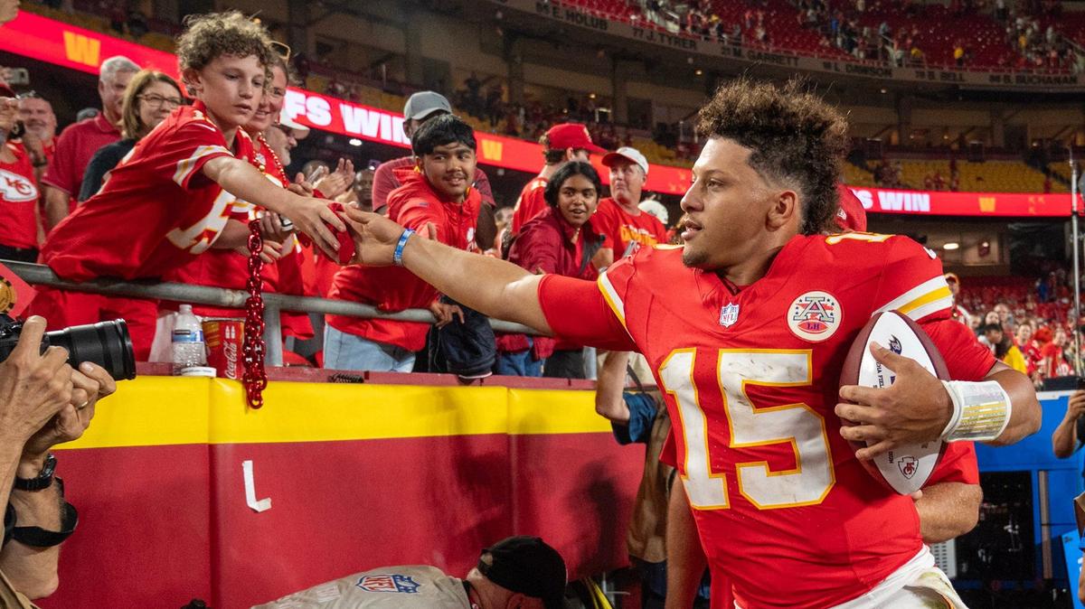 Kansas City Chiefs quarterback Patrick Mahomes (15) greeted fans after the team defeated the Baltimore Ravens on Sept. 4, 2024. Fans will be able to bet on the Chiefs in 2025, but not as early as expected.