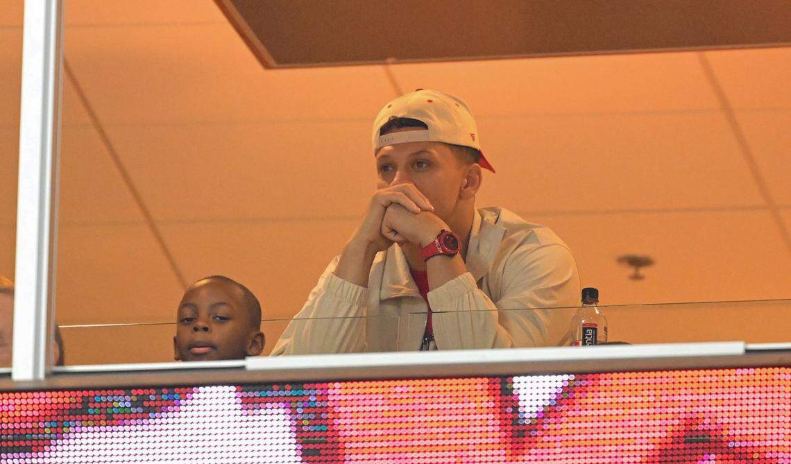Kansas City Chiefs quarterback Patrick Mahomes (15) watches the game against the Denver Broncos from a suite GEHA Field at Arrowhead Stadium on Thursday, Dec. 25, 2025. Mahomes was out due to an ACL injury.