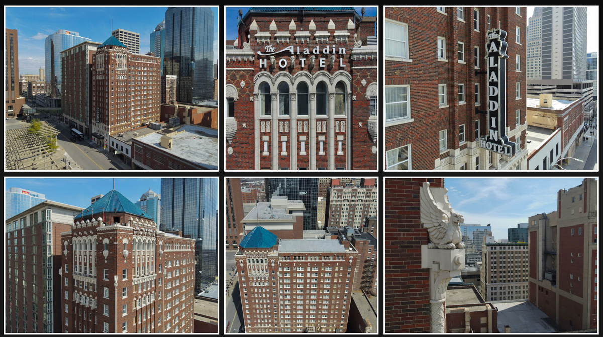 The 16-story hotel was built in 1925, with an ornate stone facade and maroon brick, and was once the tallest building in Kansas City, according to Port KC.