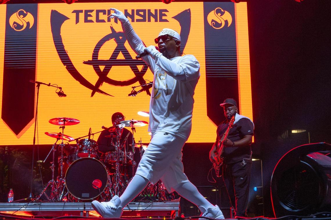 Rapper Tech N9ne performs on the main stage during Boulevardia on Saturday, June 14, in Kansas City.