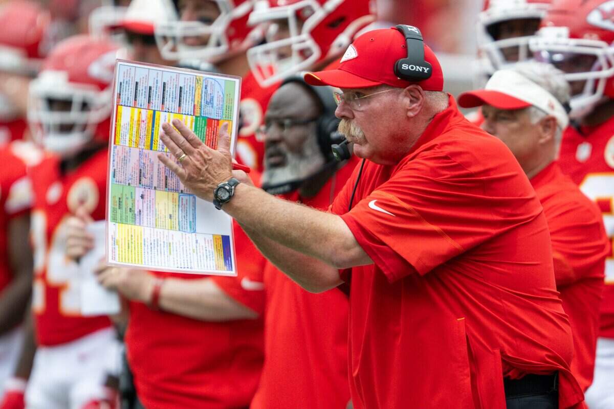 Kansas City Chiefs head coach Andy Reid claps during the first half of the Chiefs preseason game against the Los Angeles Rams, on Saturday, August 15, 2026, at Arrowhead Stadium.