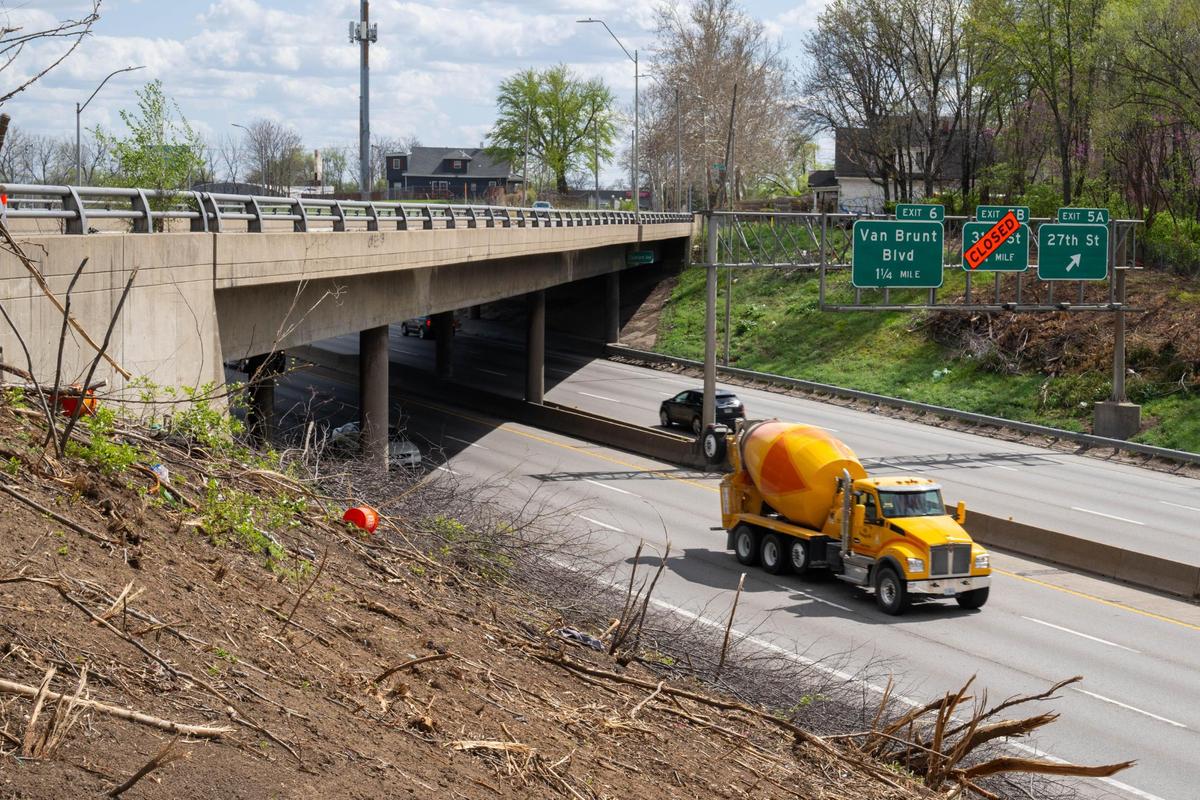 A bridge runs over I-70 in Kansas City in April. These types of overpasses can be dangerous during a tornado.