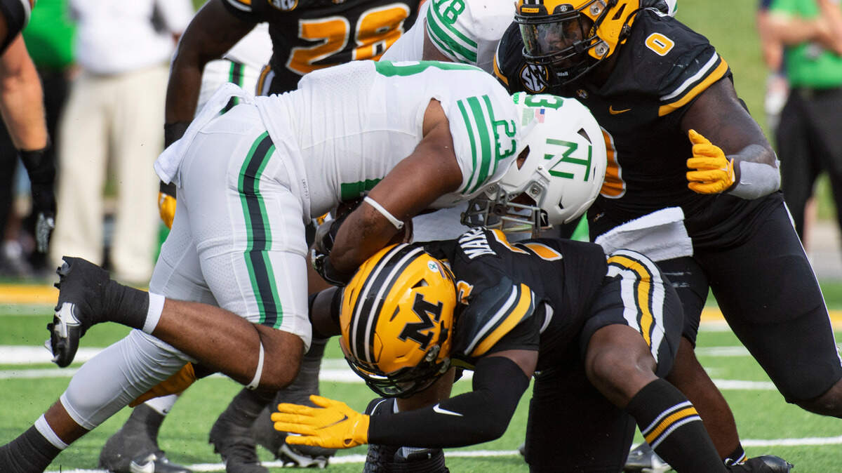 While North Texas running back Isaiah Johnson (23) scored a touchdown Saturday, the Missouri Tigers’ defense allowed less than 200 yards on the ground for the first time since Week 1 against Central Michigan. The Tigers won 48-35.