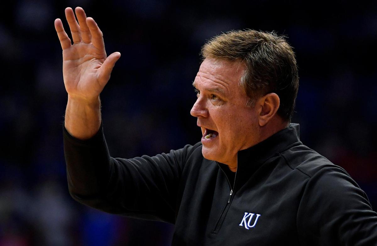 KU coach Bill Self calls a play during the second half of Wednesday night’s exhibition game at Allen Fieldhouse in Lawrence.