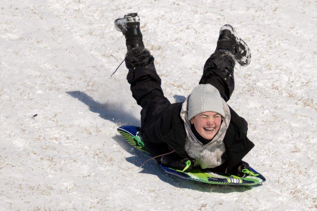 Braving the frigid temperatures, a sledder takes to the slopes at Meadowbrook Park in Prairie Village on Sunday, Jan. 25, 2026, making the most of the fresh snow left by the weekend storm.