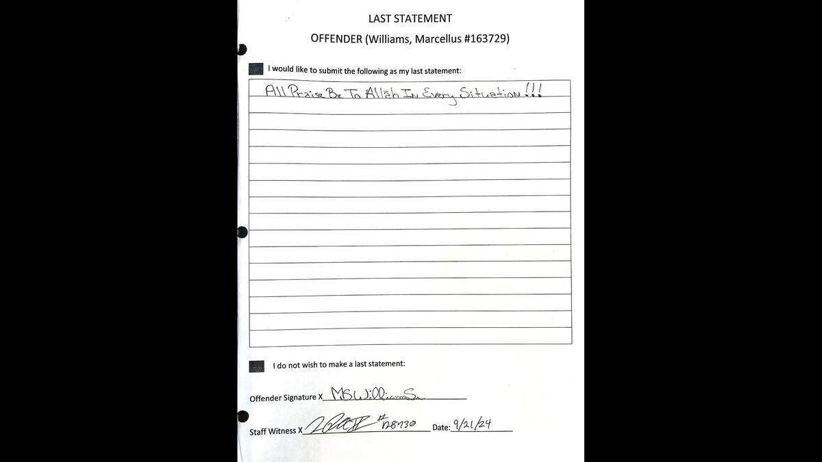 Marcellus “Khaliifah” Williams wrote a final statement ahead of his execution of Tuesday, Sept. 24, 2024, at a prison in Missouri.