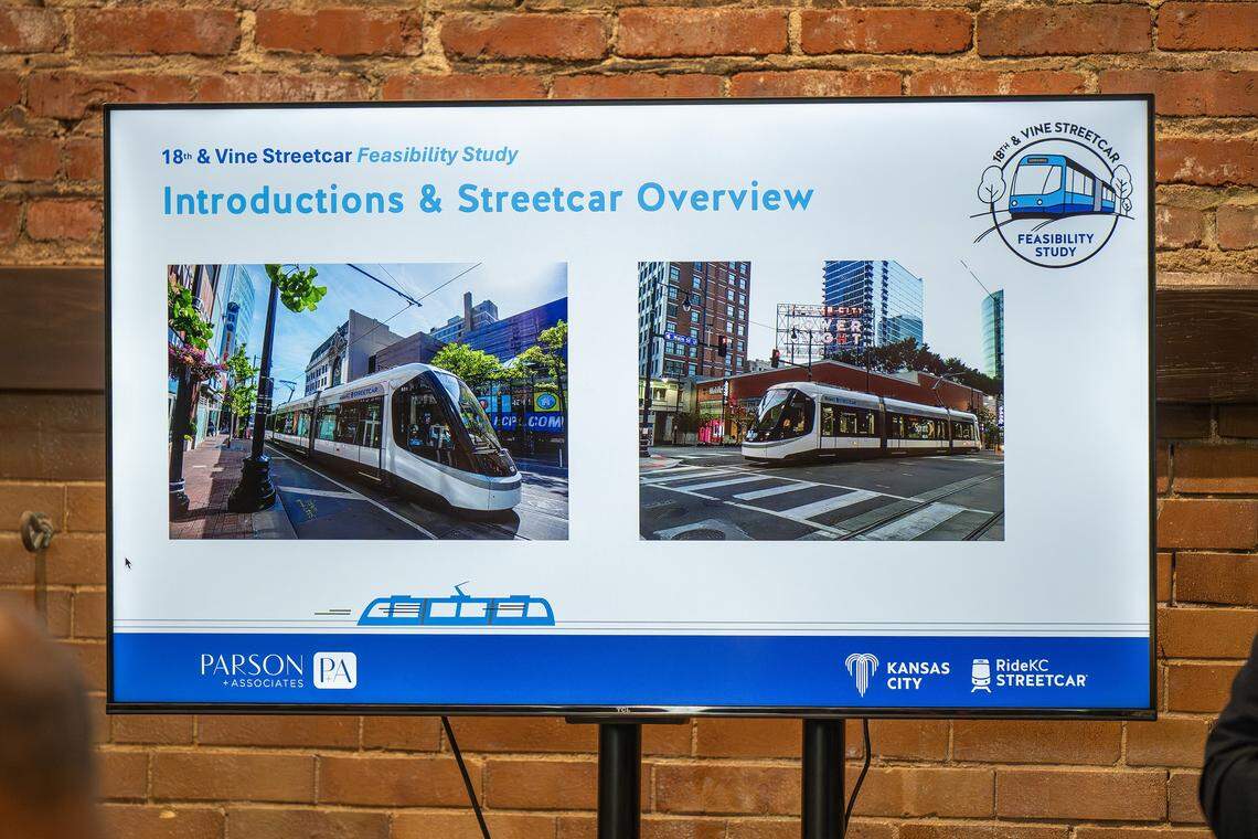 A slideshow depicting the streetcar overview is displayed during the Advisory Committee meeting for the 18th and Vine Streetcar Expansion Feasibility Study at Zhou B Art Center on Monday, Sept. 22, 2025.