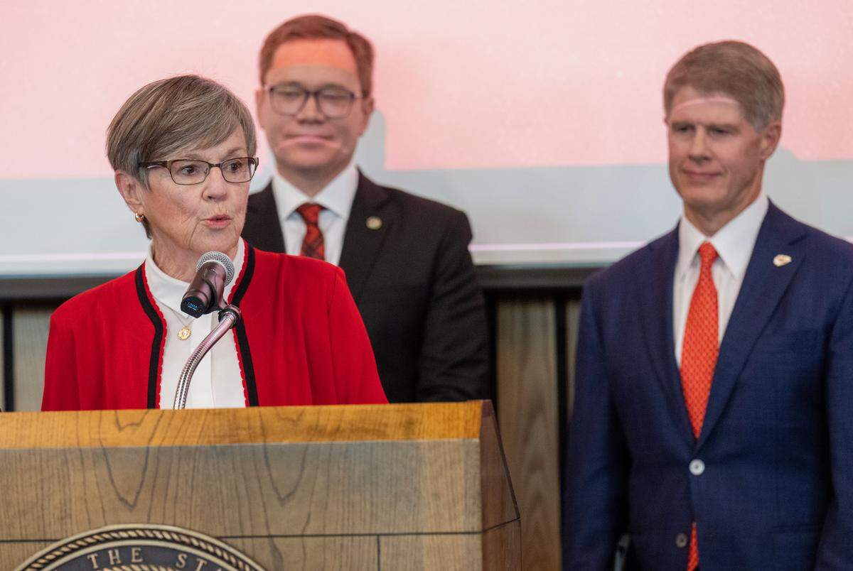 Kansas Governor Laura Kelly announced Monday, Dec. 22, 2025, that the Kansas City Chiefs will build their new stadium in Kansas City, Kansas. Lt. Governor David Toland and Chiefs CEO Clark Hunt looked on during the announcement.