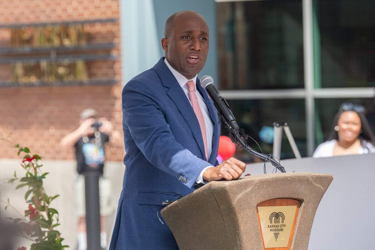 Mayor Quinton Lucas speaks at the reopening of the pedestrian mall in the 18th & Vine Jazz District on Wednesday, May 27, 2026, in Kansas City.