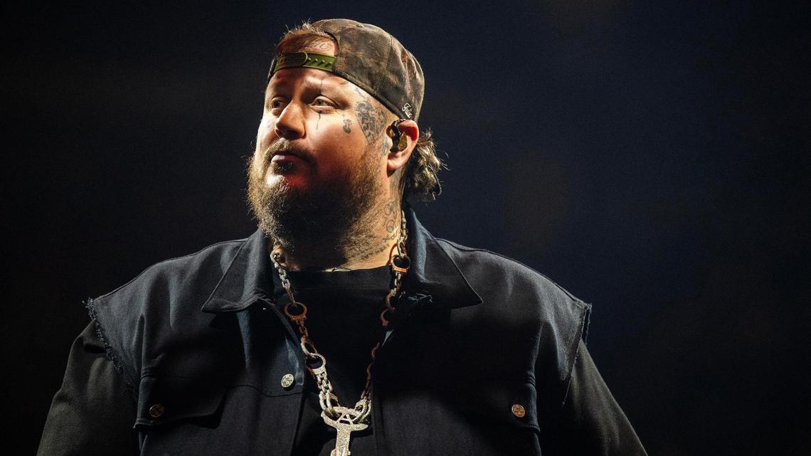 Jelly Roll performs the song “I Am Not Okay” during the Beautifully Broken Tour at T-Mobile Center on Wednesday, Nov. 13, 2024, in Kansas City.