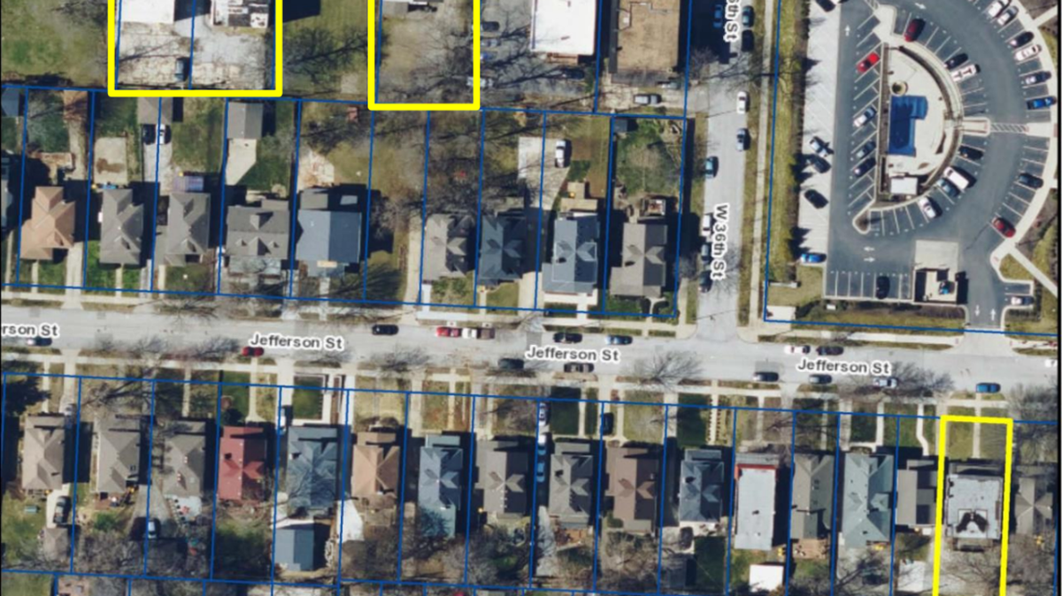 A map showing four properties Kansas City Life Insurance has proposed to demolish in the Valentine neighborhood.