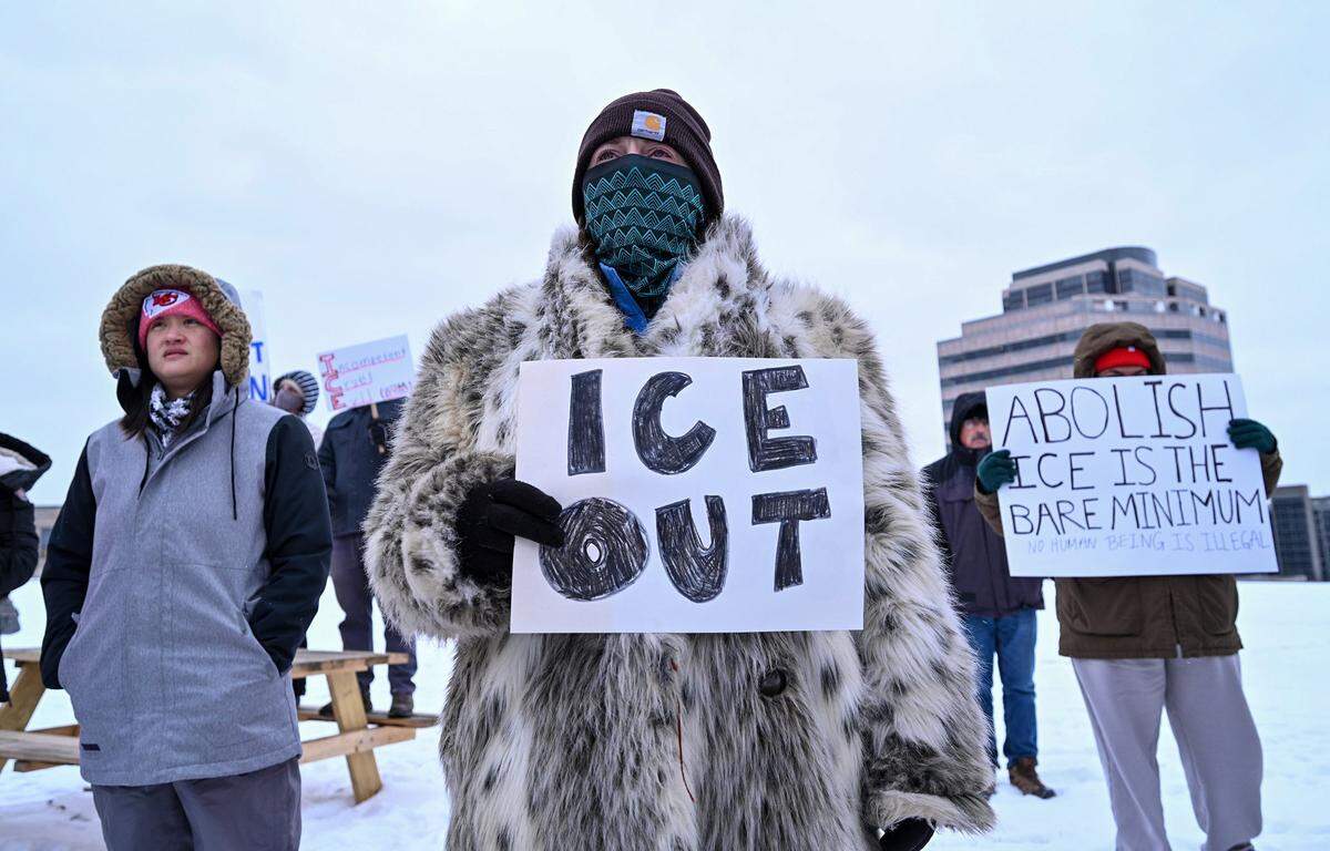 Protesters gathered at the World War I Museum and Memorial to rally against recent ICE actions across the U.S. and in Kansas City on Friday, Jan. 30, 2026.