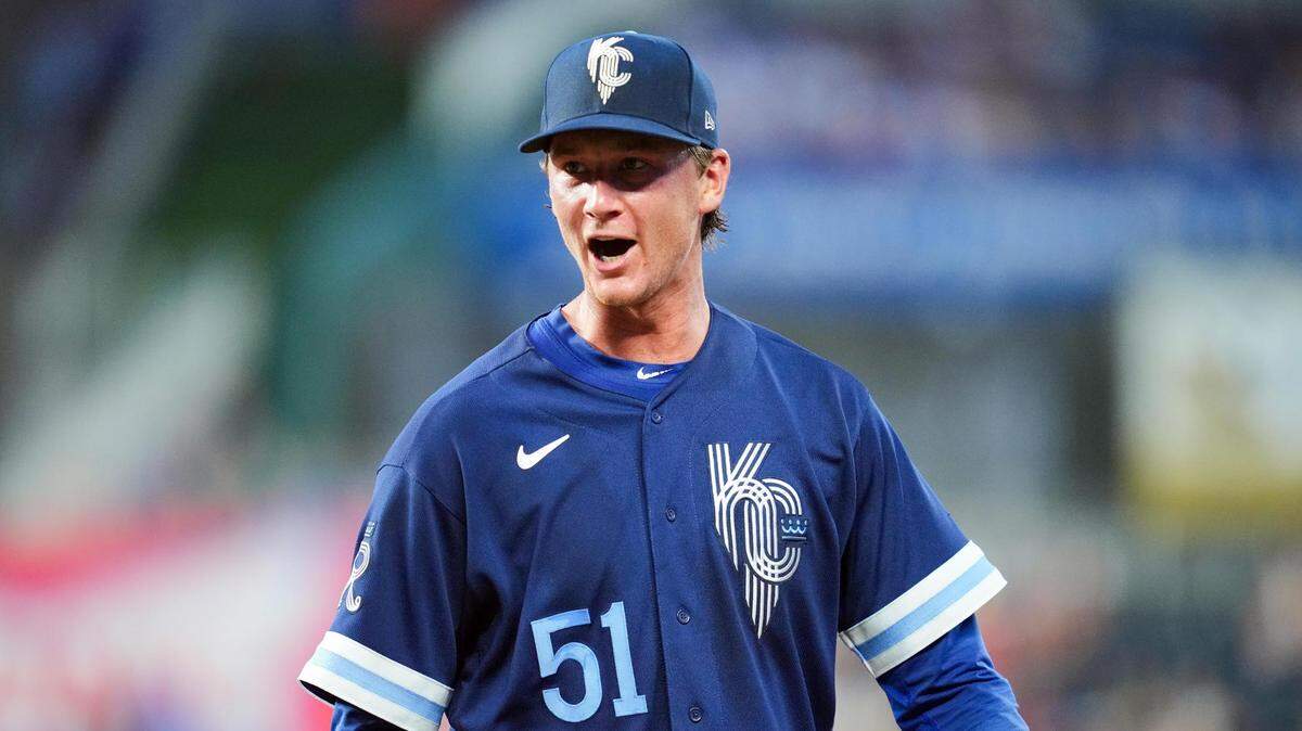 Kansas City Royals starting pitcher Brady Singer (51) reacts after the final out of the fifth inning against the Minnesota Twins at Kauffman Stadium on July 28, 2023.