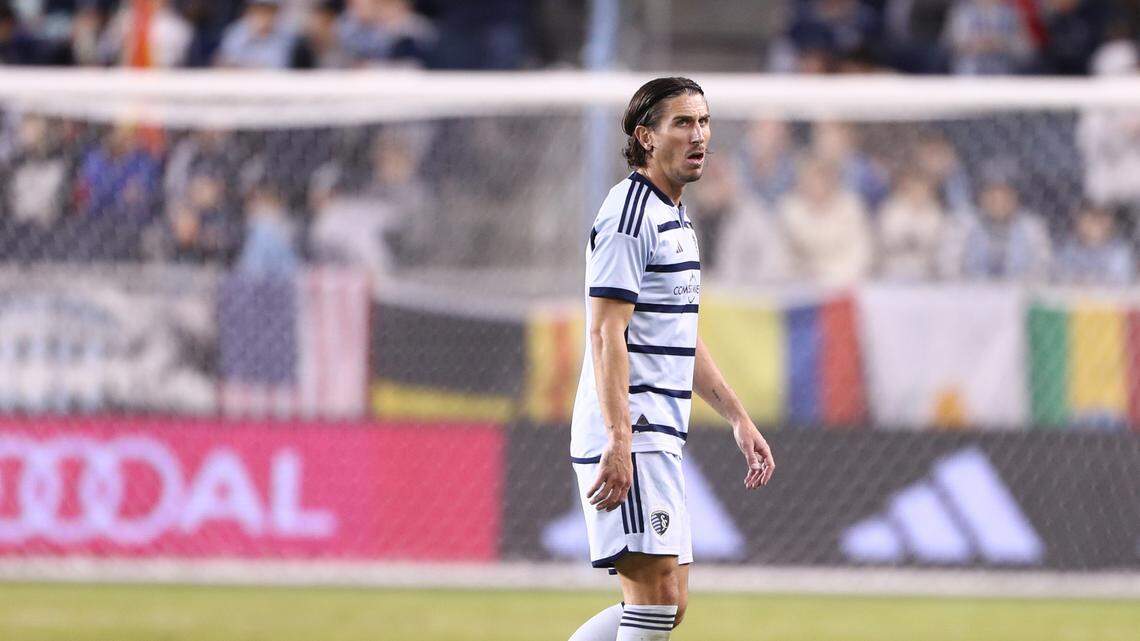 Sporting Kansas City defender Ben Sweat (2) is sent off during the second half against the Seattle Sounders at Children’s Mercy Park on March 25, 2023.