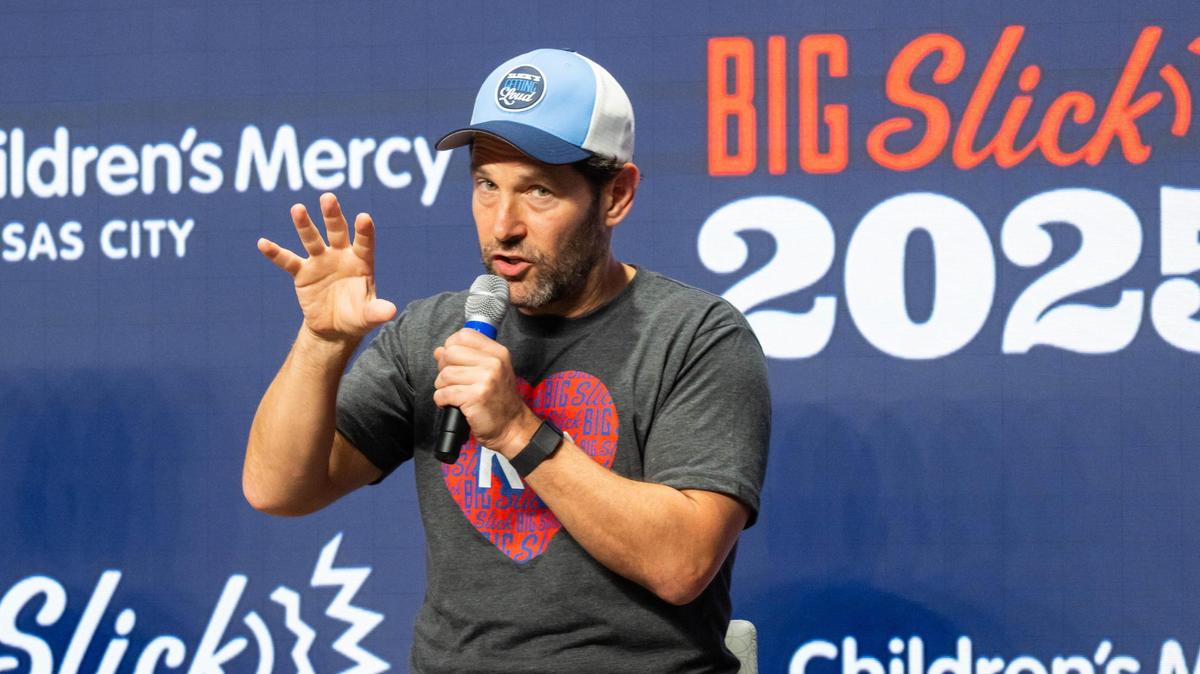 Paul Rudd answers a question from the audience during the opening press conference for the Big Slick 2025 at Children’s Mercy Hospital on Friday, May 30, 2025.