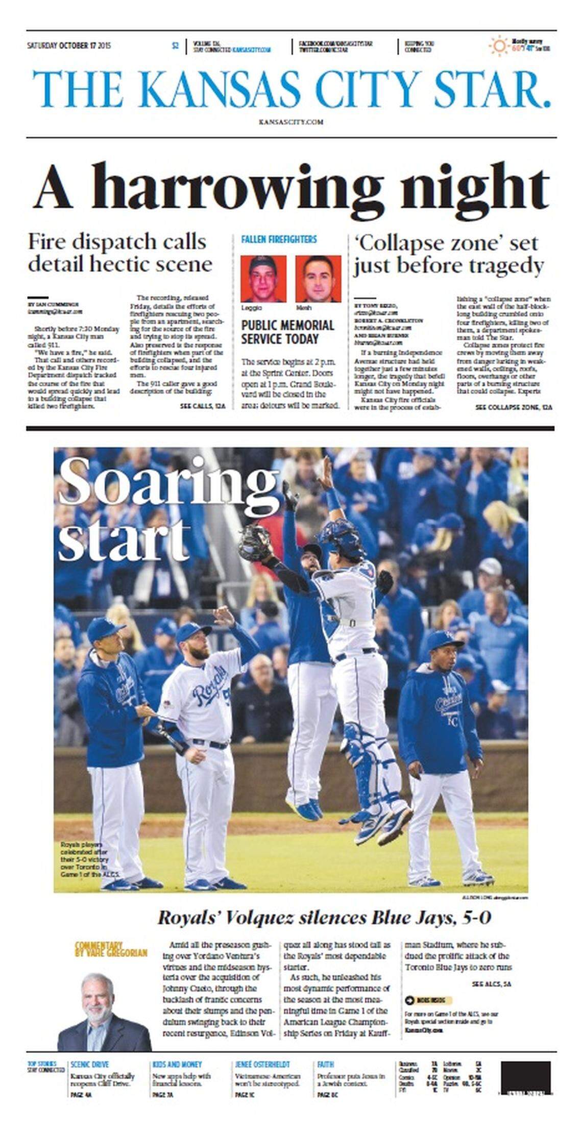 The front page of The Kansas City Star the day after the Royals beat the Blue Jays in Game 1 of the American League Championship Series on Oct. 16, 2015.