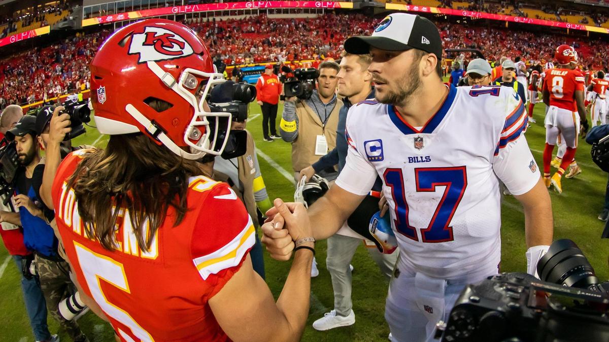 Buffalo Bills quarterback Josh Allen (17) talks with Kansas City Chiefs punter Tommy Townsend (5) after the game between the Kansas City Chiefs and the Buffalo Bills on Sunday October 16, 2022 at Arrowhead Stadium in Kansas City, Missouri