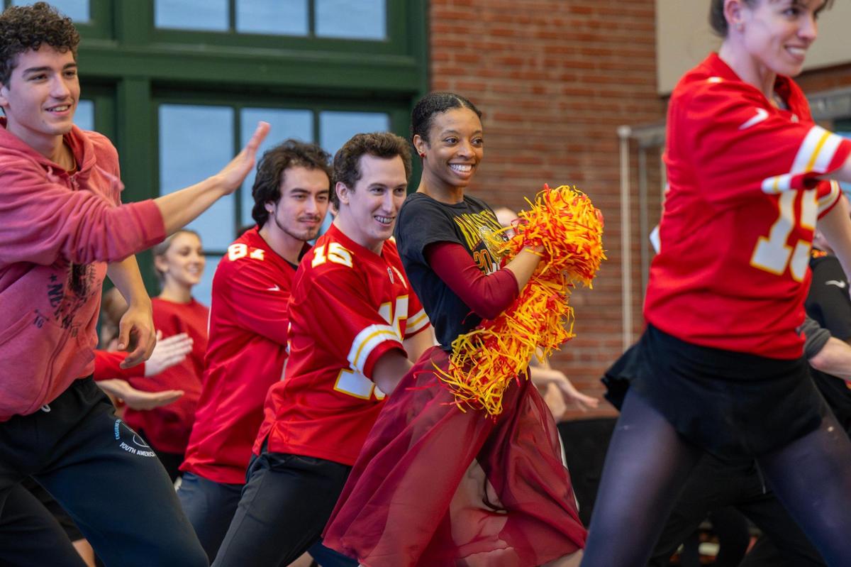 Kansas City Ballet Company dancers rehearse in Chiefs attire before recording their dance-off video to challenge the Philadelphia Ballet.