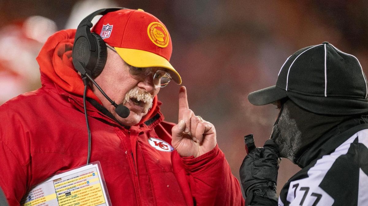 Kansas City Chiefs head coach Andy Reid yells at an official in the second quarter during an AFC Wild Card game on Saturday, Jan. 13, 2024, in Kansas City.