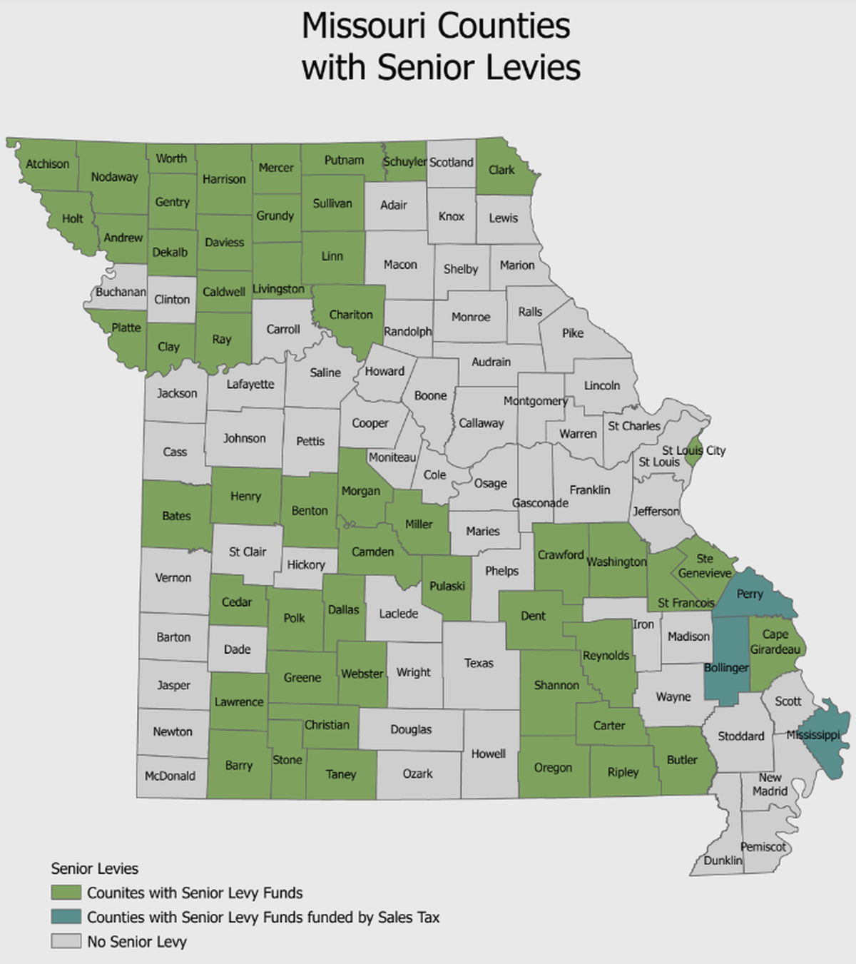 This photo from the Missouri Association of Levy Boards & Senior Organizations shows which 55 of the state’s 115 counties have adopted a Senior Levy Fund program.
